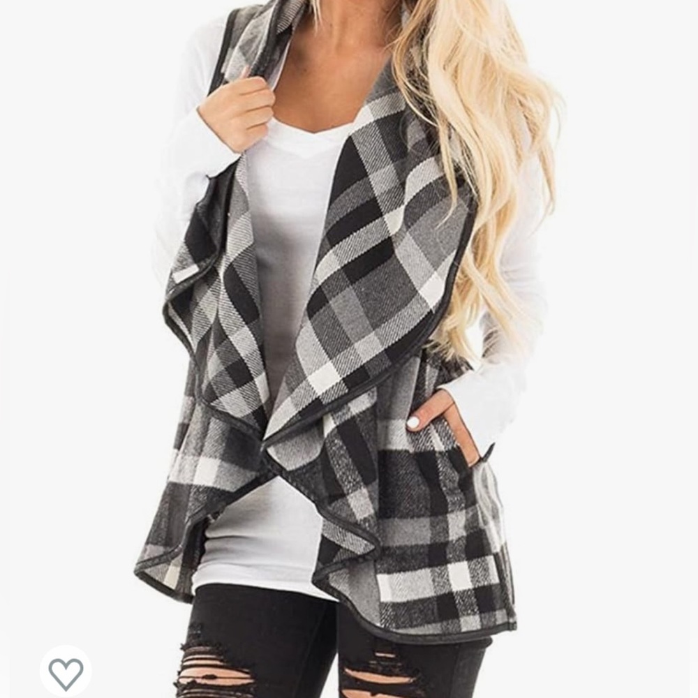 Women Vest Lapel Open Front Buffalo Plaid Vest with Pockets